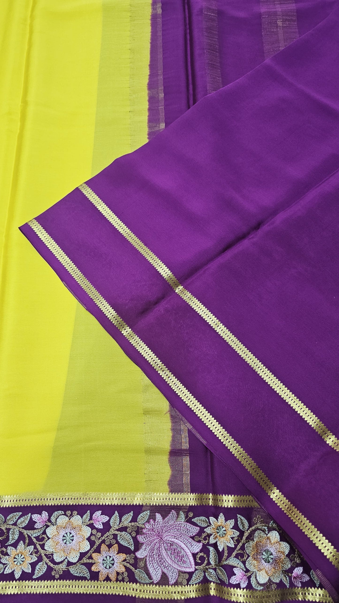 Mysore crepe silk saree in KSIC Finish in lemon yellow with purple  2side embroidery