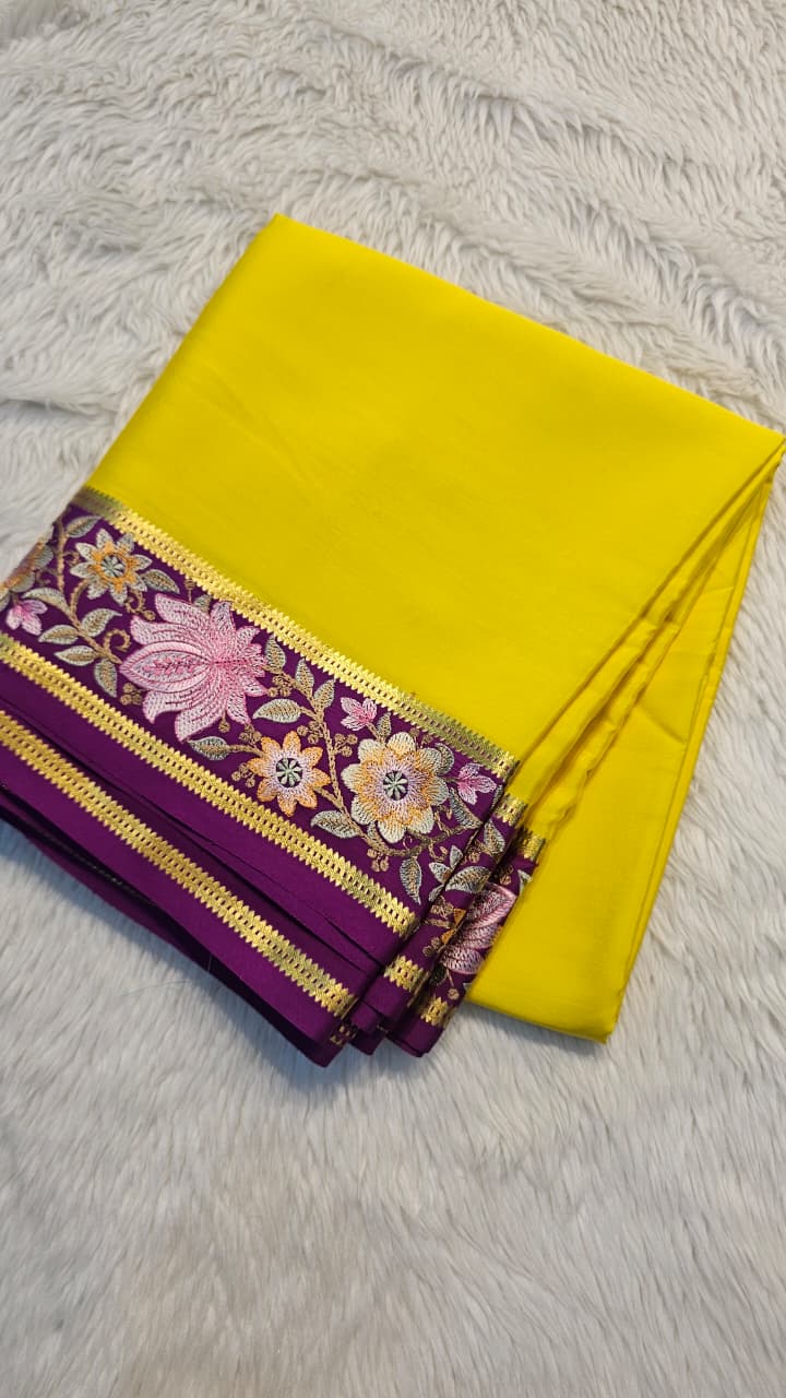 Mysore crepe silk saree in KSIC Finish in lemon yellow with purple  2side embroidery