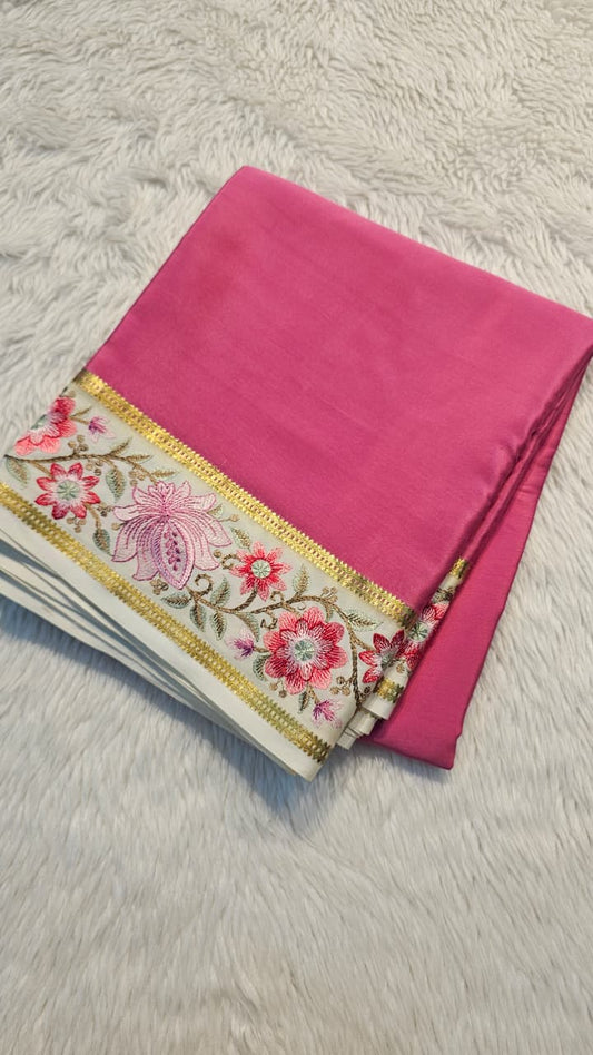 Mysore crepe silk saree in KSIC Finish in onion pink with half white 2sides embroidery