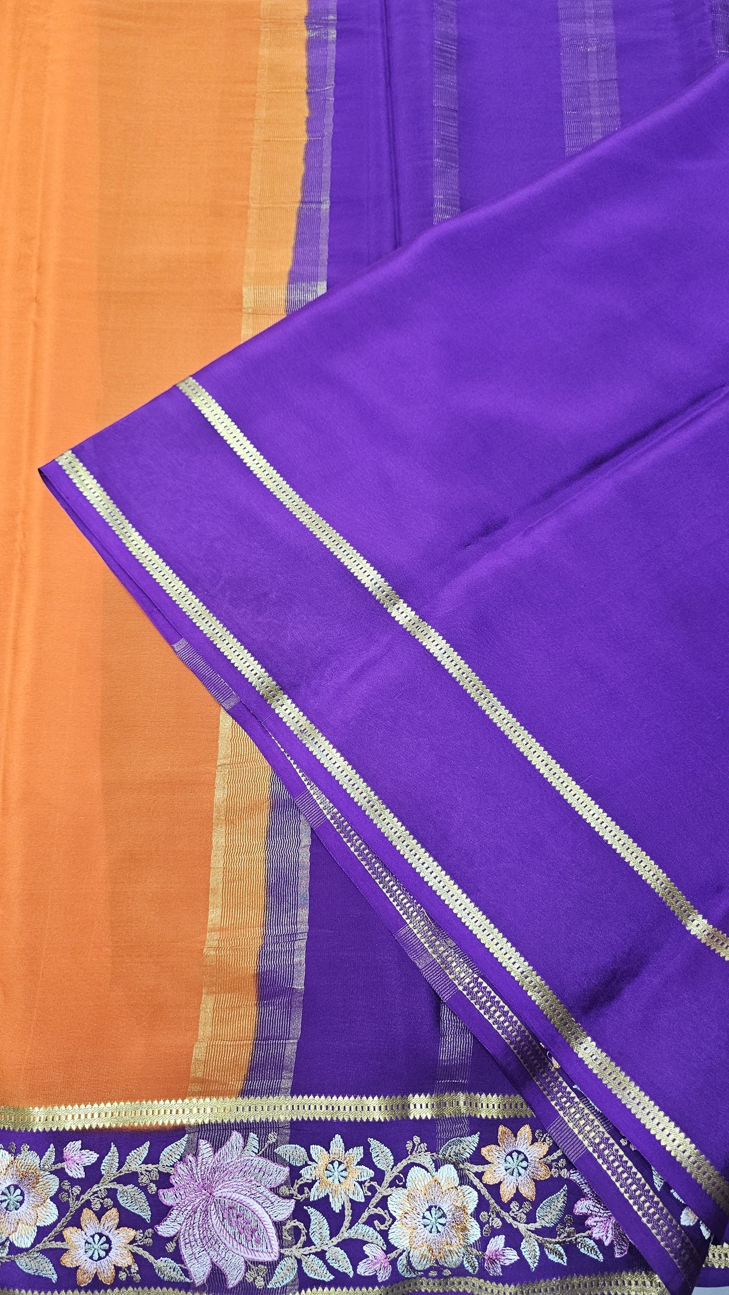 Mysore crepe silk saree in KSIC Finish in orange with purple  2side embroidery