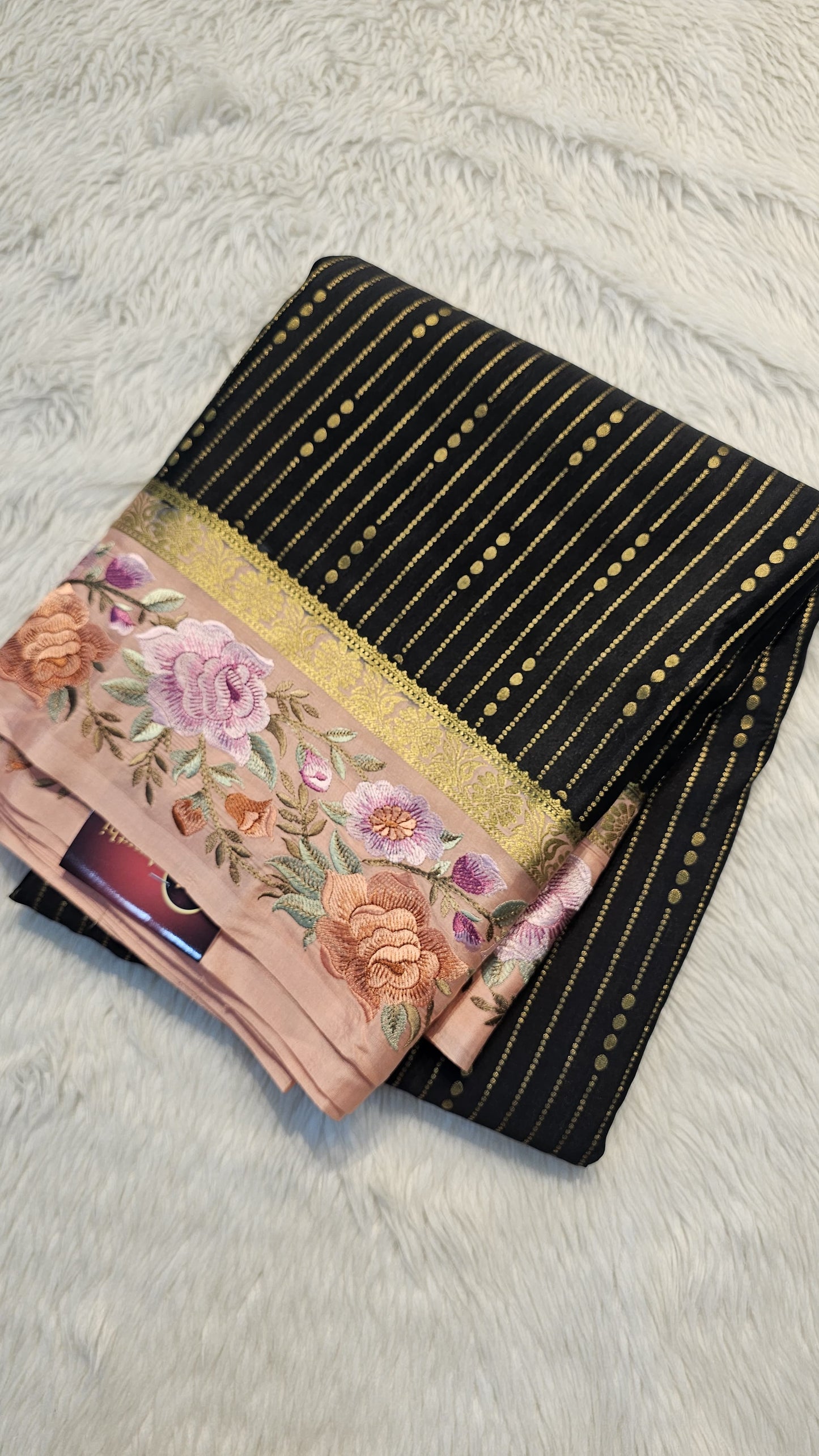 Mysore crepe silk saree in KSIC Finish in black with light peach 2sides embroidery