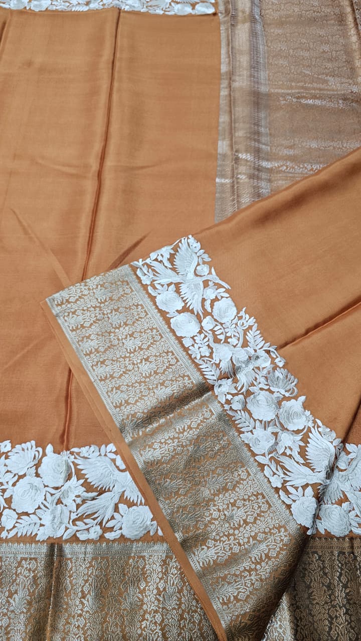 Mysore crepe silk saree in KSIC Finish in dark beige  self embroidery pattern