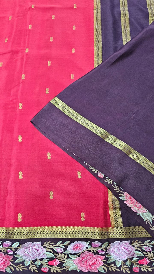 Mysore crepe silk saree in KSIC Finish in oil red brown 2side ebroidry saree