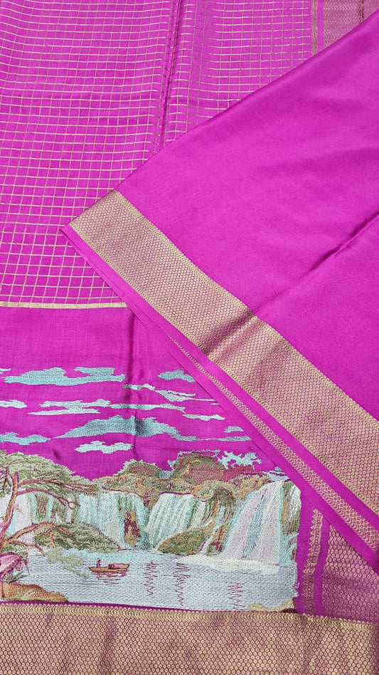 Mysore crepe silk saree in KSIC Finish in pink 1side embroidery pattern