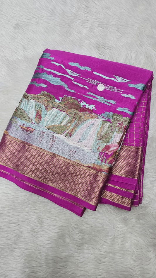 Mysore crepe silk saree in KSIC Finish in pink 1side embroidery pattern