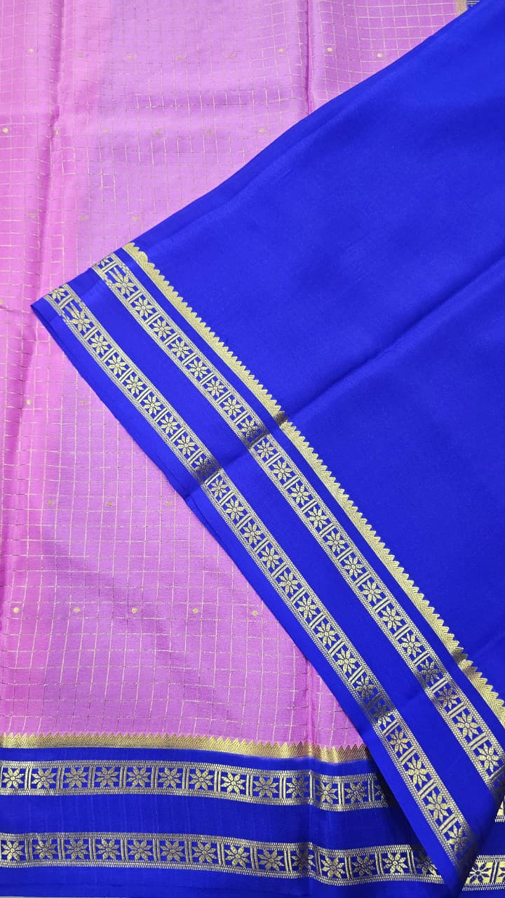 Mysore crepe silk saree in KSIC Finish in  baby pink with royal blue checks with bentex border