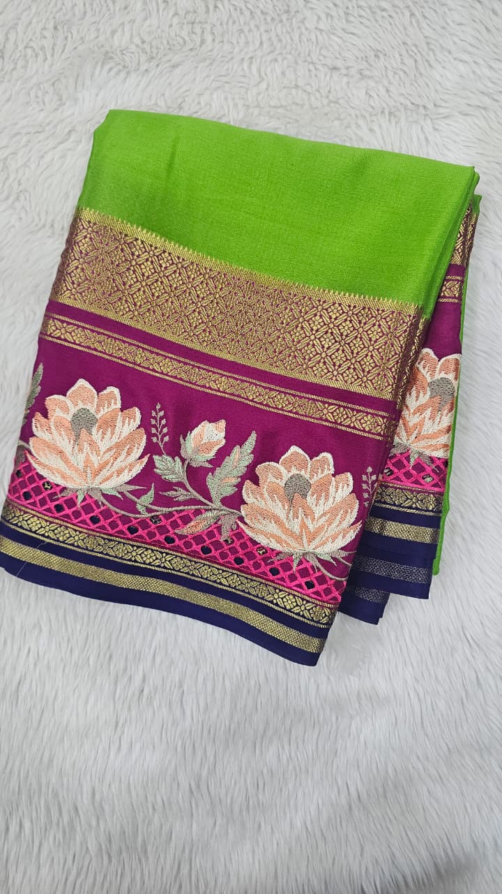 Mysore crepe silk saree in KSIC Finish in paroot green with blue 2side cutwork