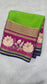 Mysore crepe silk saree in KSIC Finish in paroot green with blue 2side cutwork