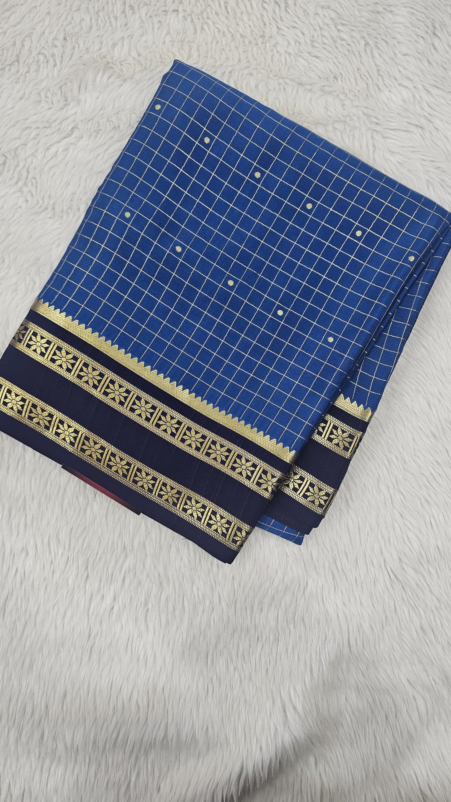 Mysore crepe silk saree in KSIC Finish in peacock blue with ink blue checks with bentex border