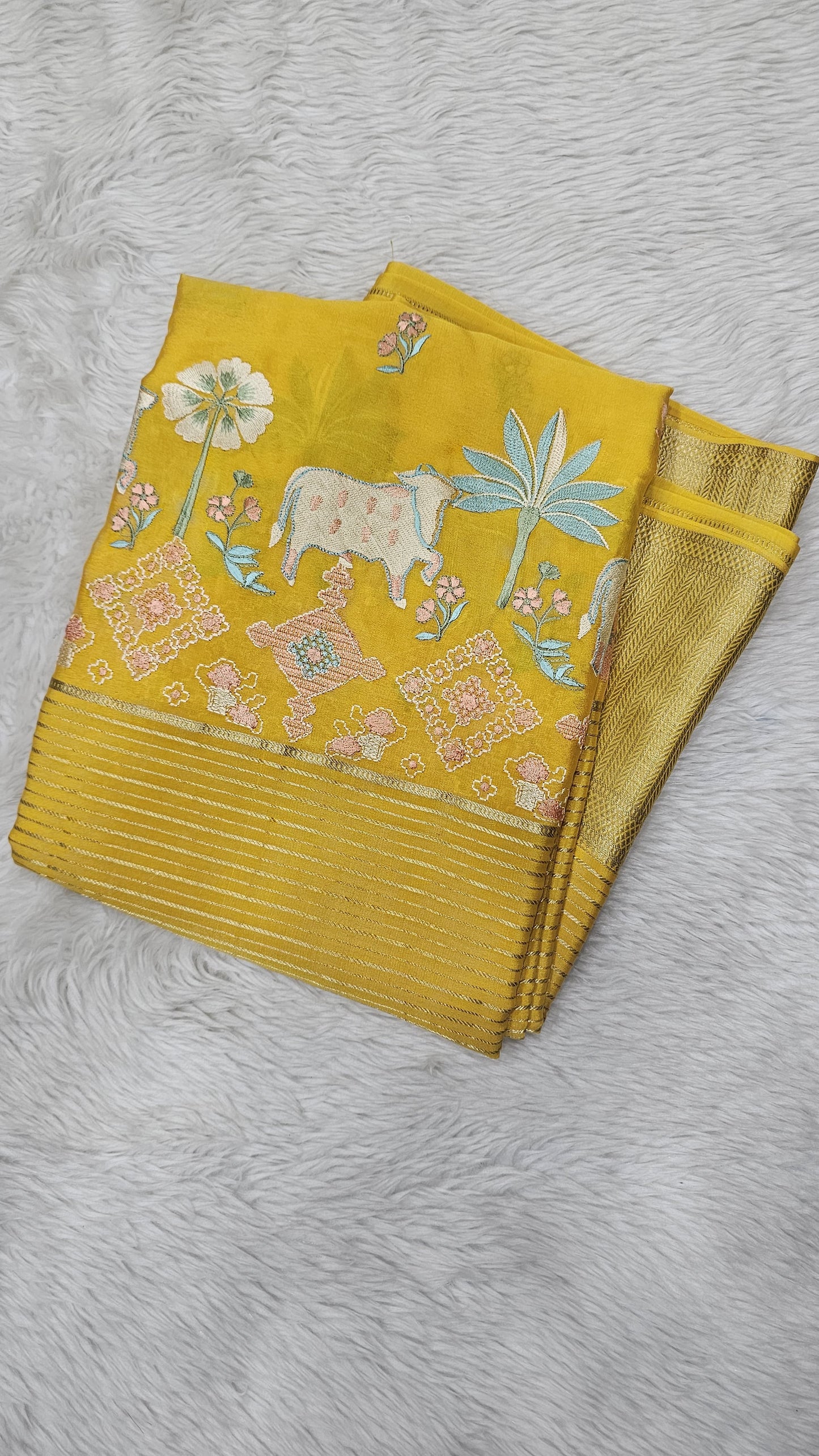 Mysore crepe silk saree in KSIC Finish in mango yellow middle pichwai embroidery attern