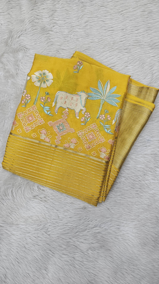 Mysore crepe silk saree in KSIC Finish in mango yellow middle pichwai embroidery attern