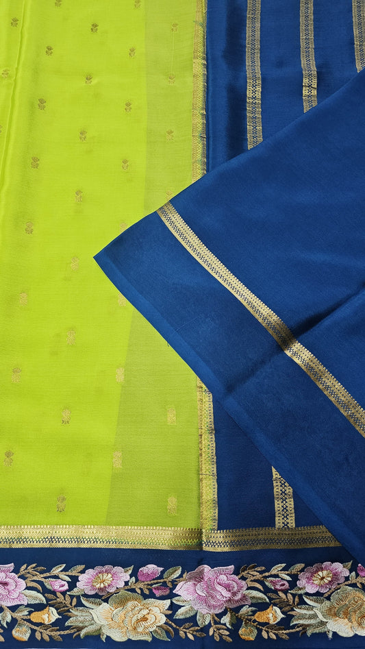 Mysore crepe silk saree in KSIC Finish in paroot green with peacock blue 2side embroidery saree