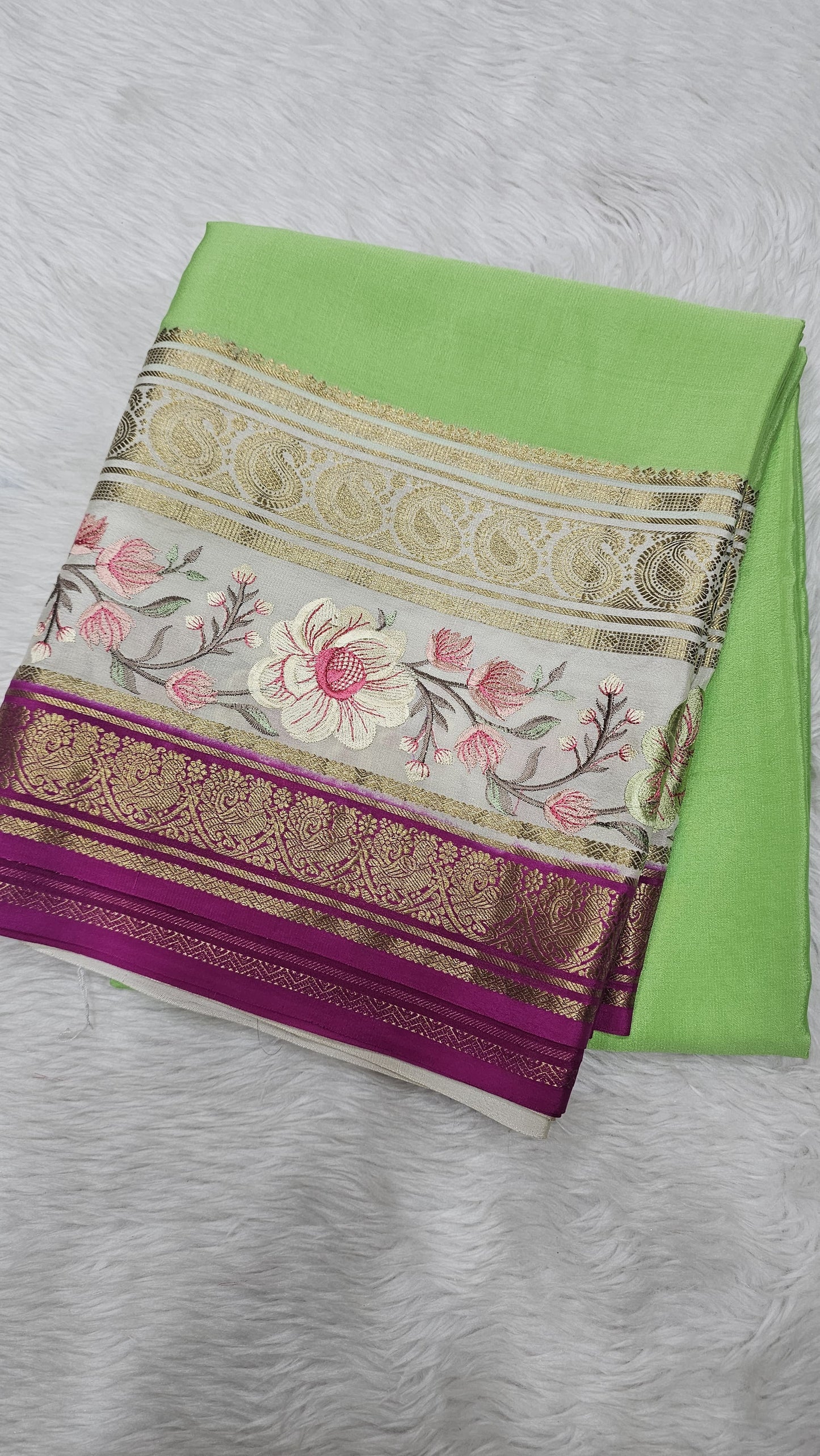 Mysore crepe silk saree in KSIC Finish in pista green with half white 2side ebroidery