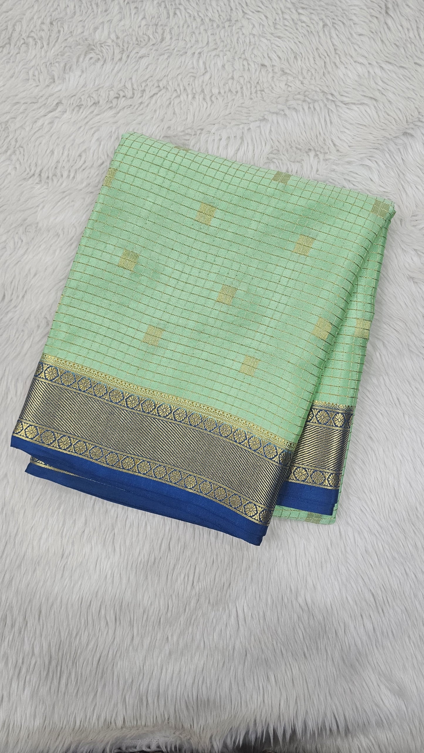 Mysore crepe silk saree in KSIC Finish in pista green with rama blue checks with bentex border