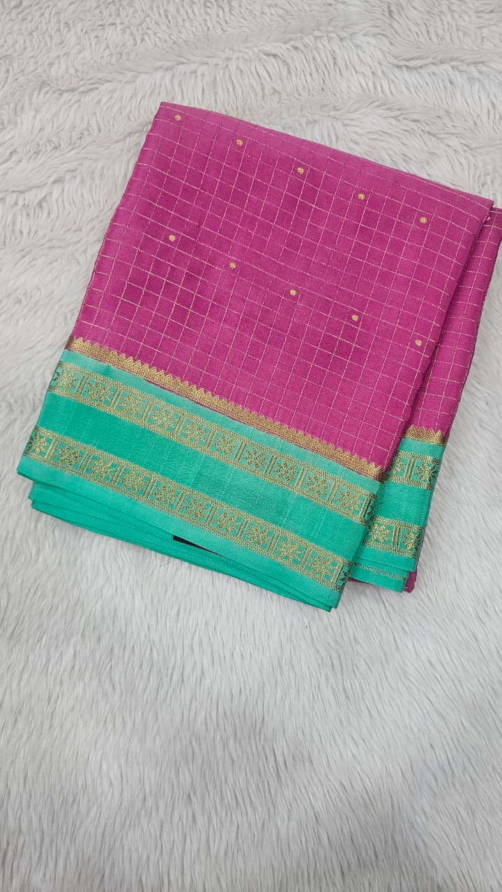 Mysore crepe silk saree in KSIC Finish in onion pink with teal checks with bentex border