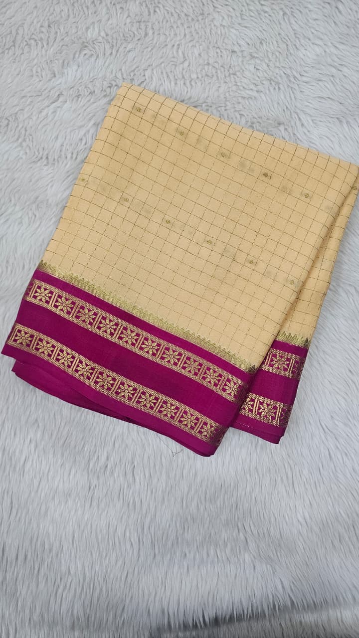 Mysore crepe silk saree in KSIC Finish in sandal with rani pink checks with bentex border