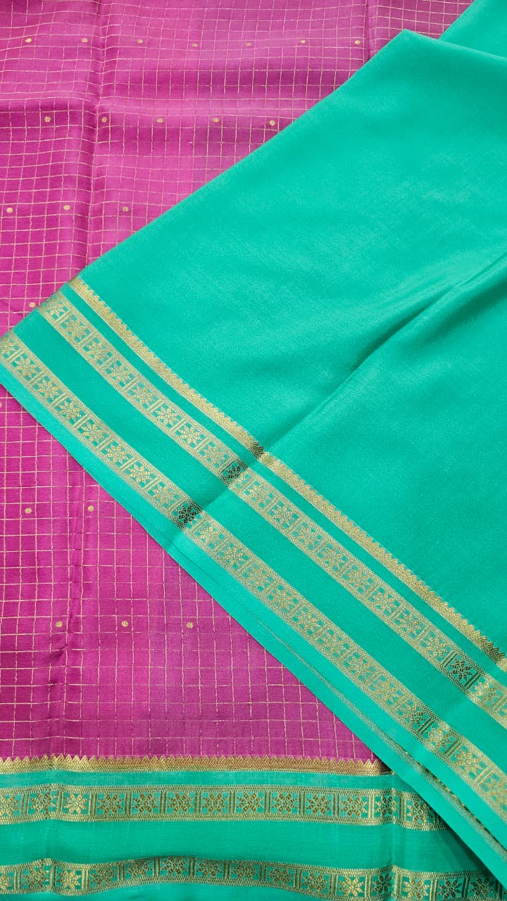Mysore crepe silk saree in KSIC Finish in onion pink with teal checks with bentex border
