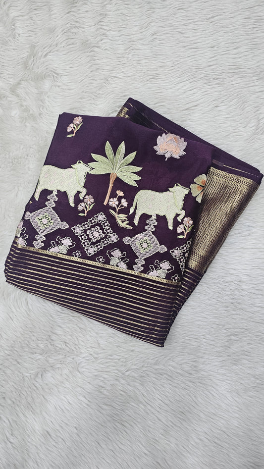 Mysore crepe silk saree in KSIC Finish in wine self middle pichwai embroidery pattern