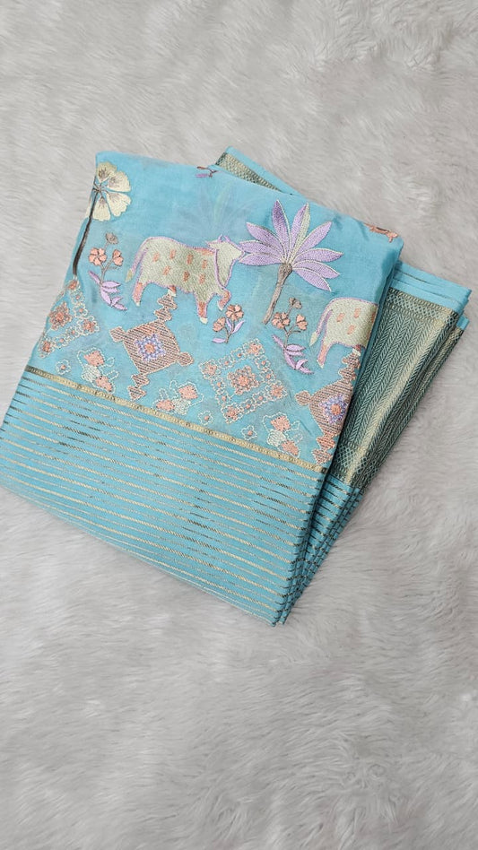 Mysore crepe silk saree in KSIC Finish in ice blue self middle pichwai pattern