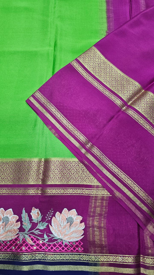 Mysore crepe silk saree in KSIC Finish in paroot green with blue 2side cutwork