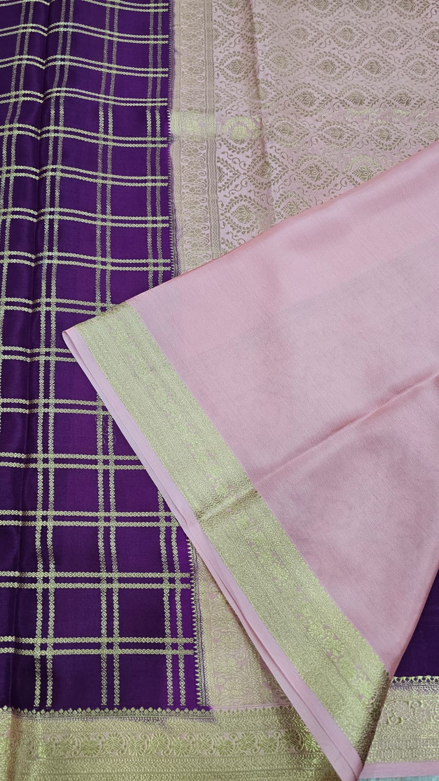 Mysore silk saree KSIC Finish in wine with peach checks pattern