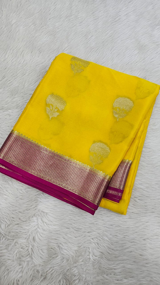 Mysore silk saree KSIC Finish in yellow with pink buttas pattern