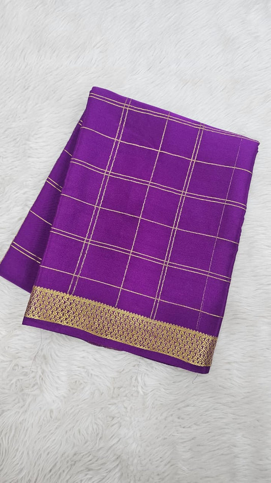 Mysore silk saree KSIC Finish in dark purple self checks pattern