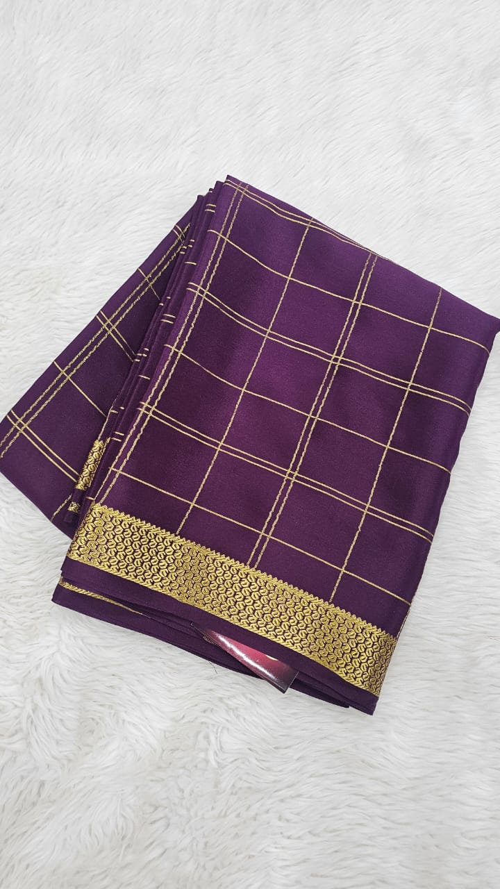 Mysore silk saree KSIC Finish in wine self checks pattern