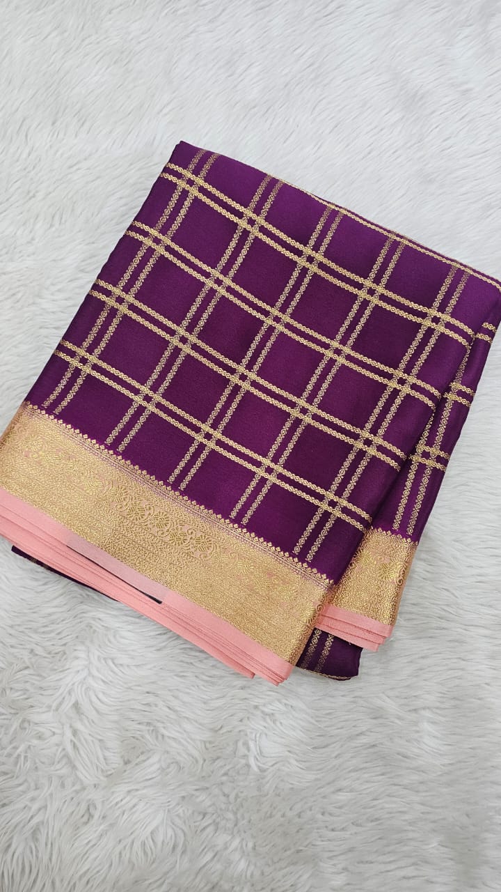 Mysore silk saree KSIC Finish in wine with peach checks pattern