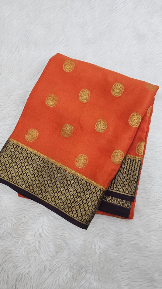 Mysore silk saree KSIC Finish in rust orange with brown allover body ganda berunda butta