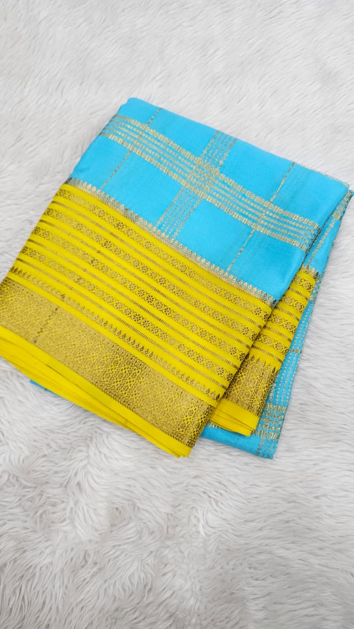 Mysore silk saree KSIC Finish in ice blue with lemon yellow checks attern