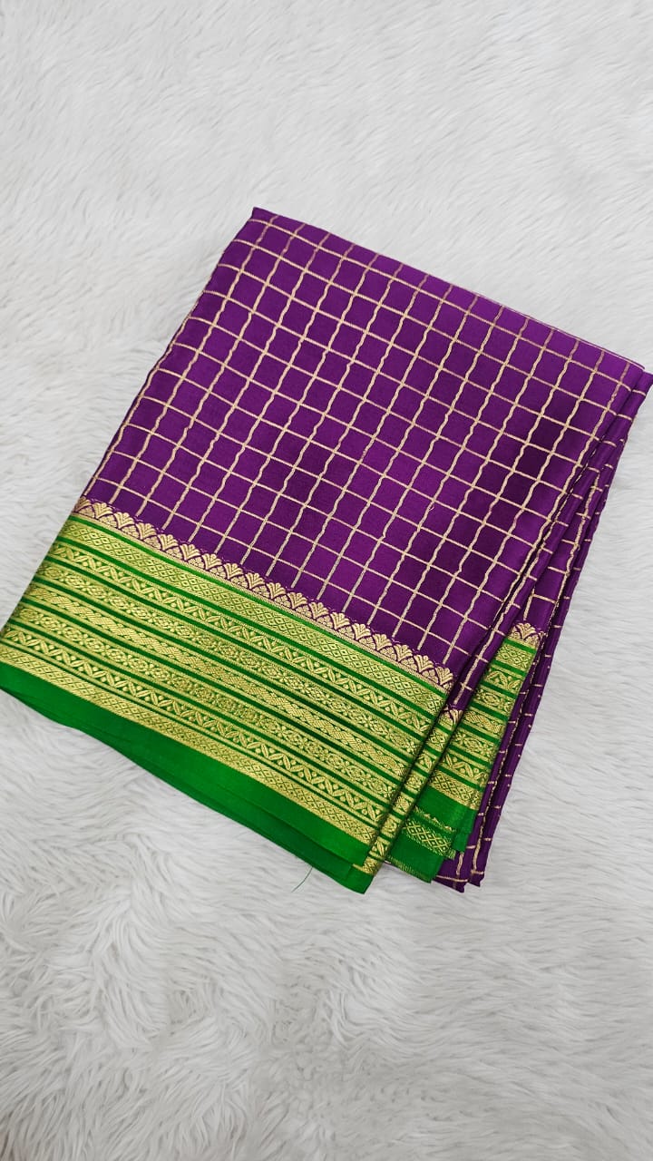 Mysore silk saree KSIC Finish in purple with green checks pattern