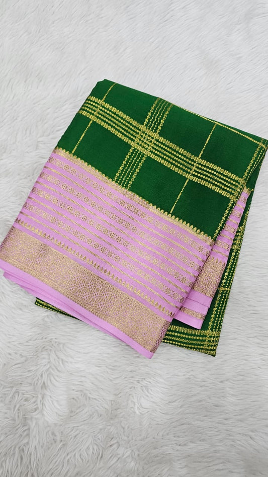 Mysore silk saree KSIC Finish in bottle green with baby pink checks pattern