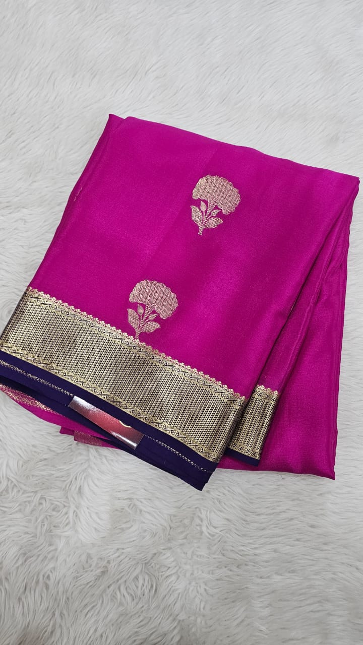Mysore silk saree KSIC Finish in rani pink with purple,, buttas pattern