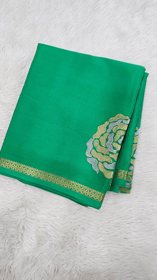 Mysore silk saree KSIC Finish in leaf green self rose butta saree