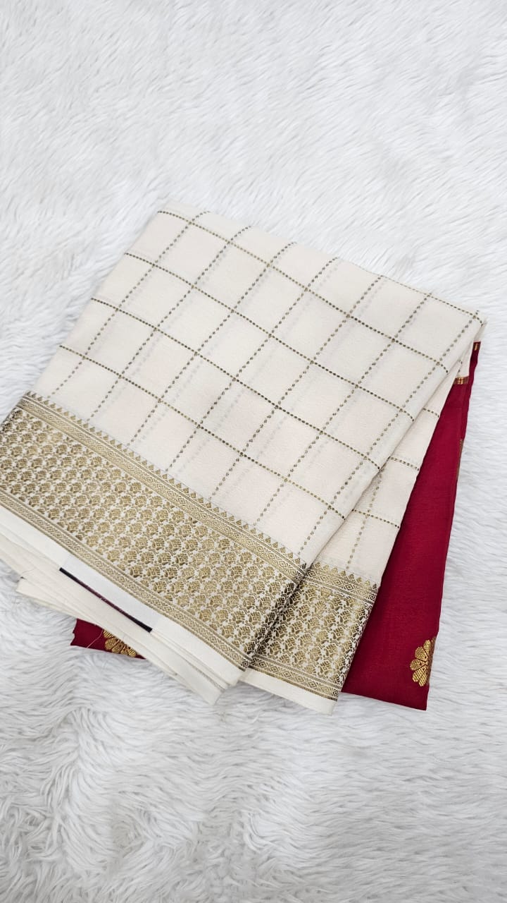 Mysore silk saree KSIC Finish in red with half white buttas pattern