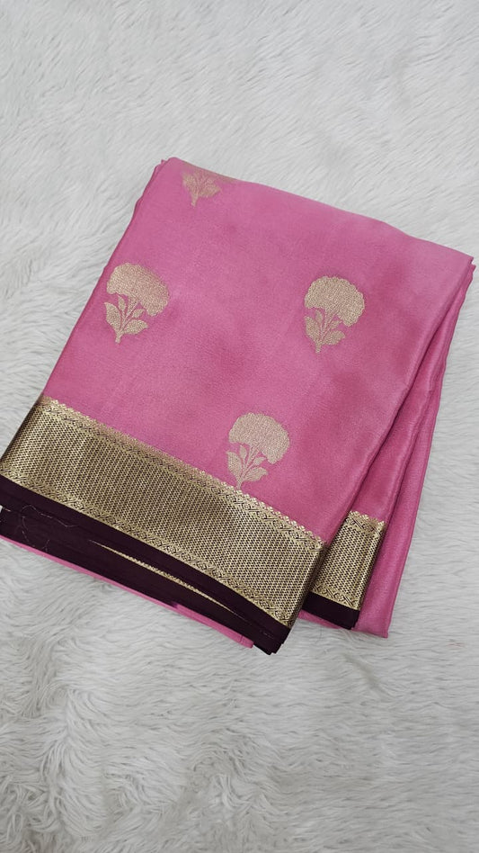 Mysore silk saree KSIC Finish in onion pink brown buttas pattern