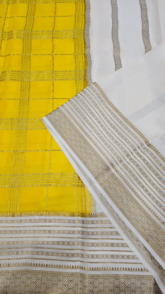 Mysore silk saree KSIC Finish in mango yellow with half white