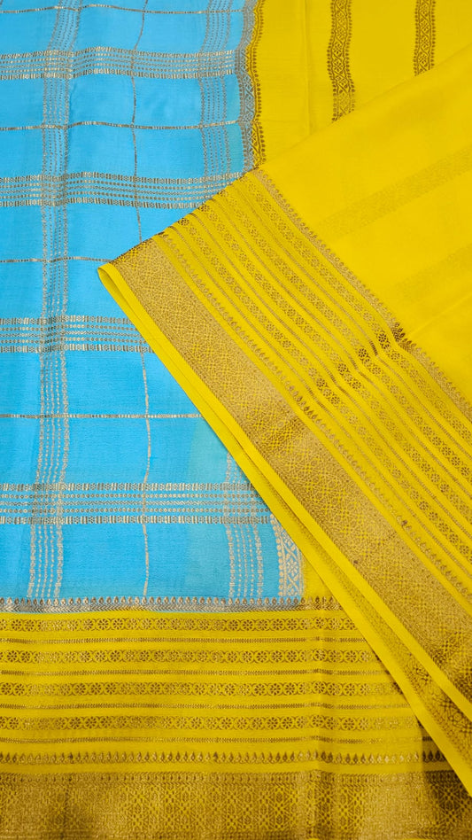 Mysore silk saree KSIC Finish in ice blue with lemon yellow checks attern