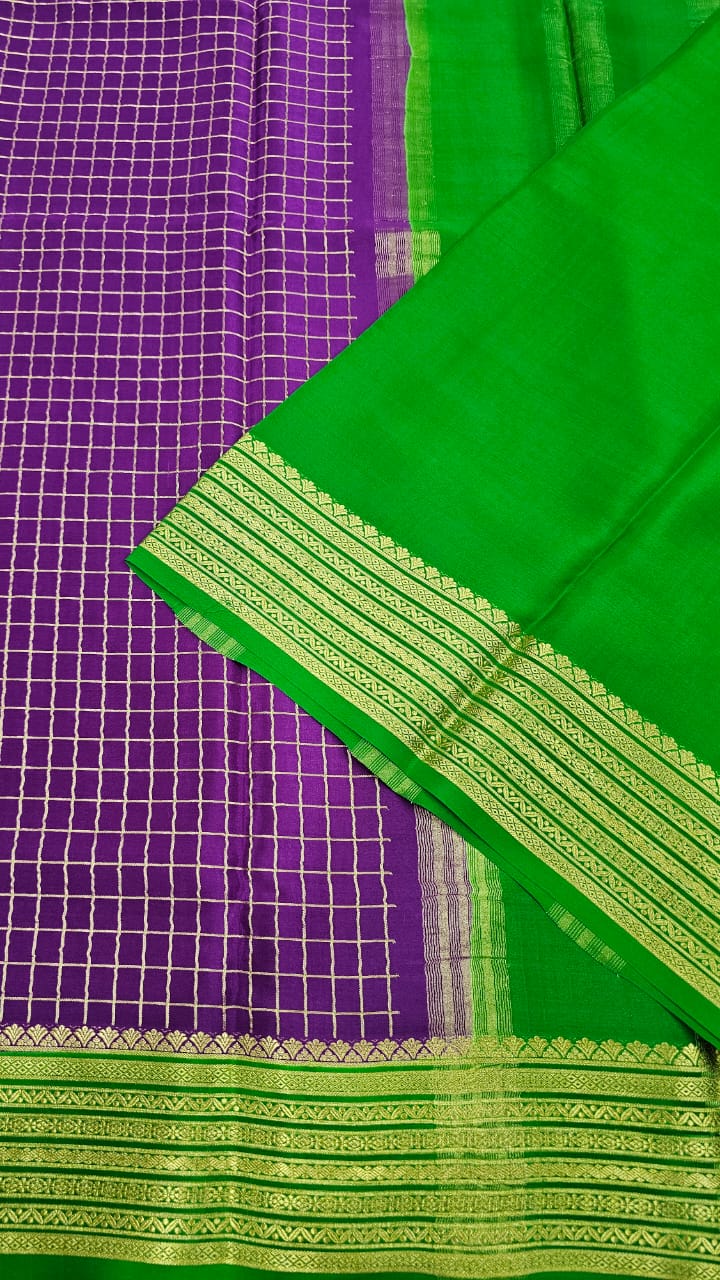 Mysore silk saree KSIC Finish in purple with green checks pattern