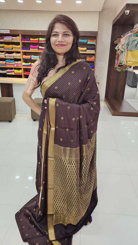 Mysore silk saree KSIC Finish in dark brown self buttas pattern