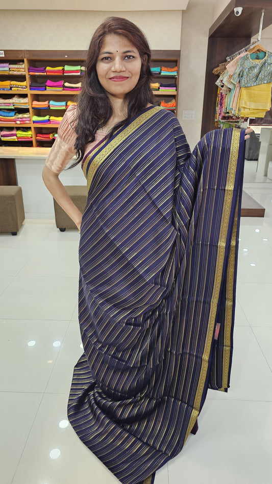 Mysore silk saree KSIC Finish in ink blue self striep pattern