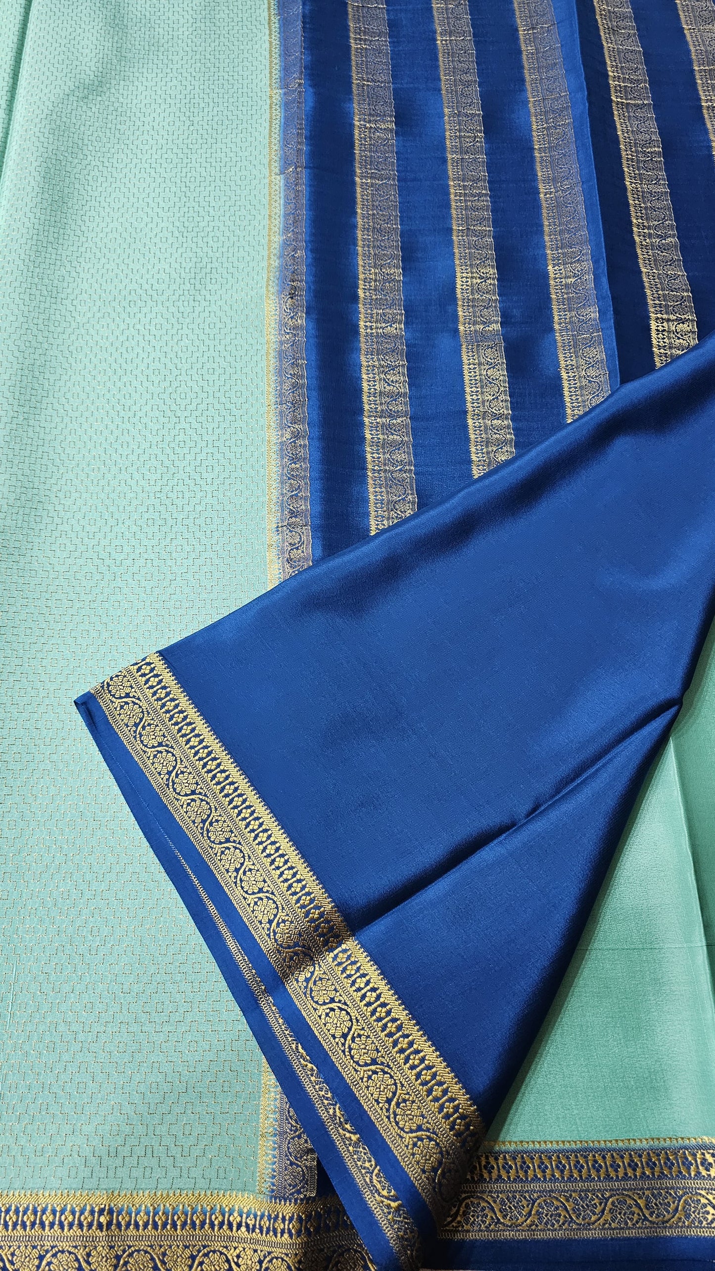 Mysore silk saree KSIC Finish in sea blue with royal blue checks pattern