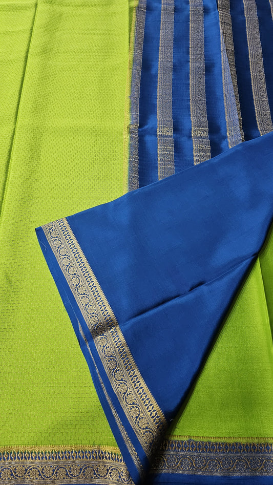 Mysore silk saree KSIC Finish in parrot green with peacock blue checks pattern