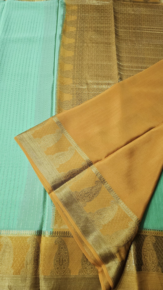 Mysore silk saree KSIC Finish in light pista with mango yellow allover zari butta