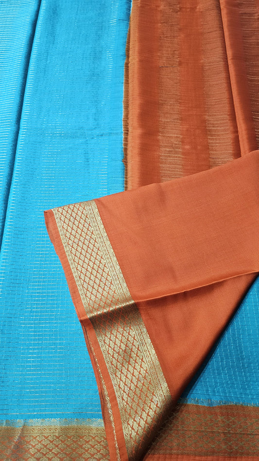 Mysore silk saree KSIC Finish in sea blue with orange checks pattern