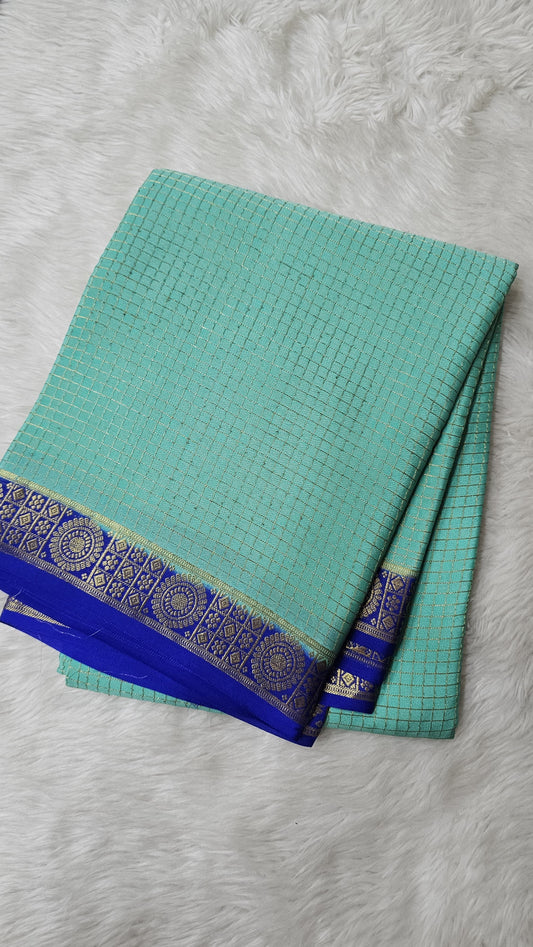 Mysore silk saree KSIC Finish in sea blue with royal blue checks pattern