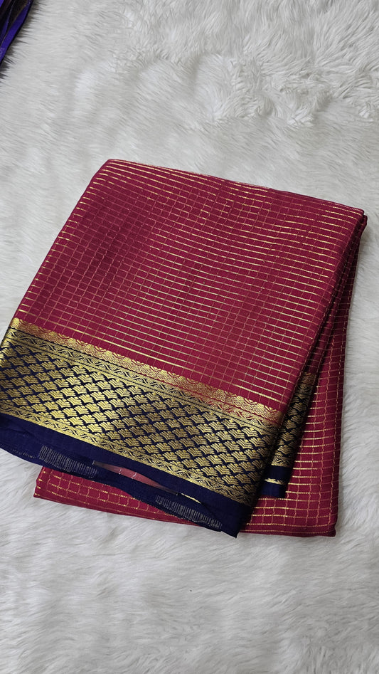 Mysore silk saree KSIC Finish in rani pink with ink blue checks pattern