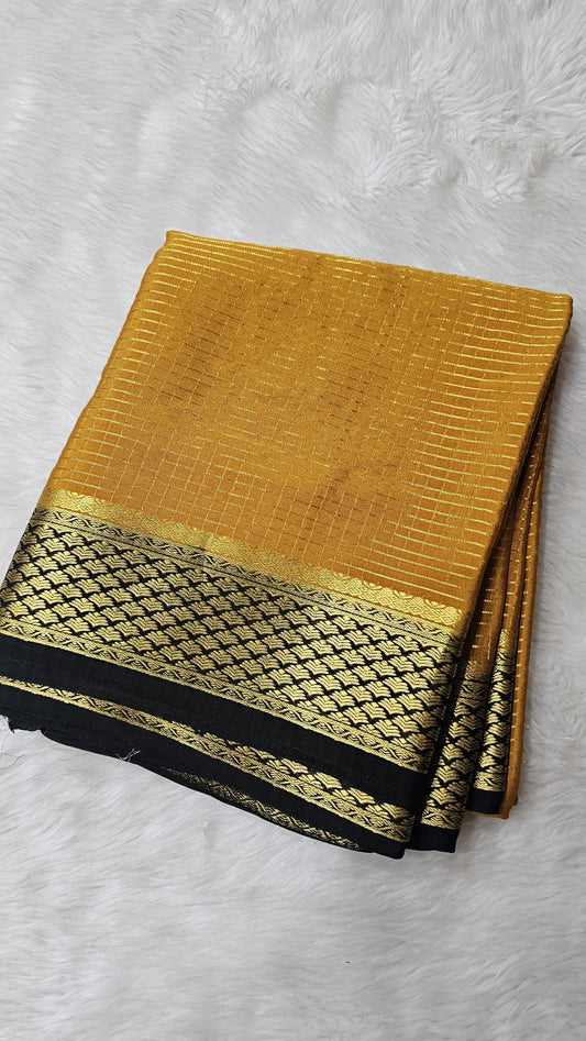 Mysore silk saree KSIC Finish in mango yellow with black checks pattern