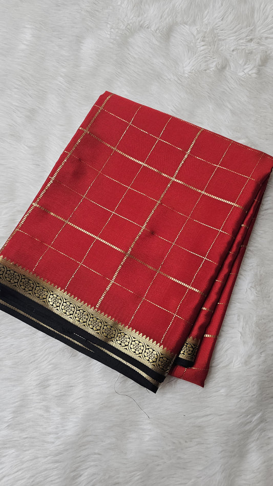 Mysore silk saree KSIC Finish in red with black small border checks pattern